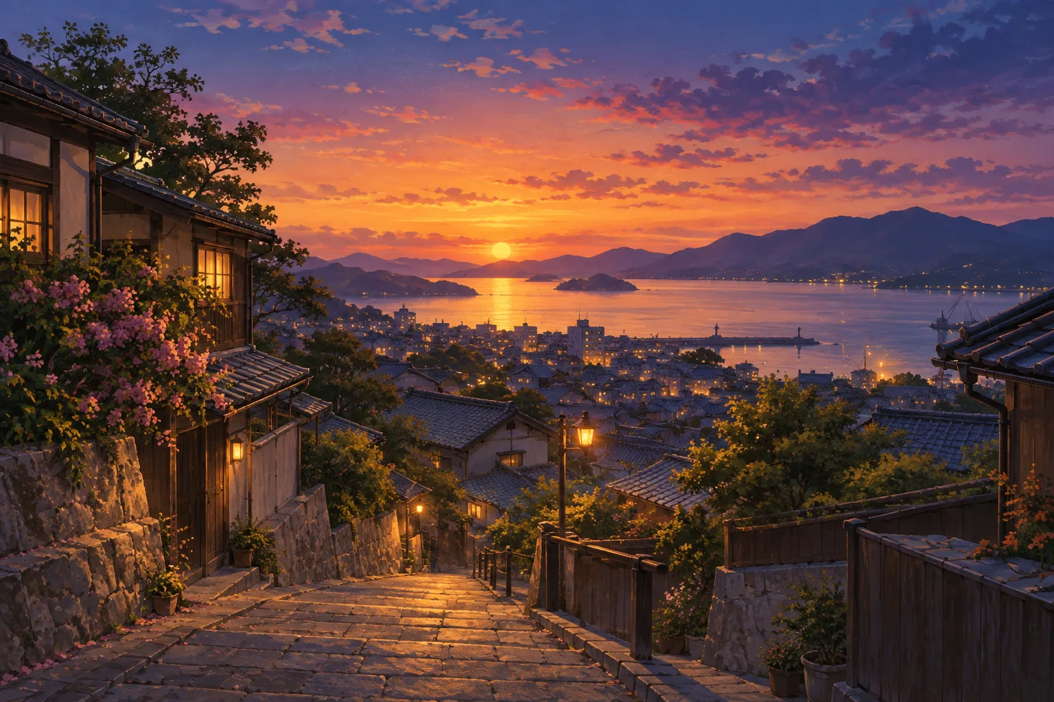 夕焼けに染まる港町を見下ろす坂道
