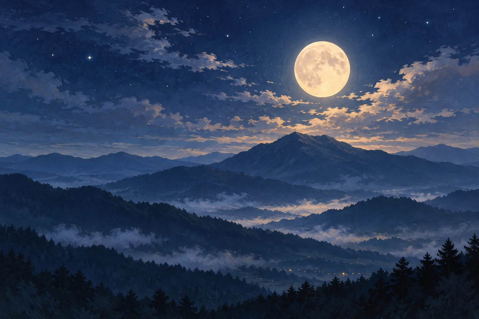 満月に照らされた山並みと夜空